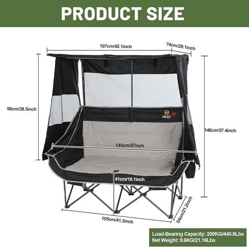 Nice C Heated Double Camping Chair with Canopy, Heated Outdoor Sports Folding Chair with Battery, Portable Padded Umbrella Chairs with Shade, Cup Holder, Cooler Bag, Loveseat for Lawn, Outdoors in Saudi Arabia
