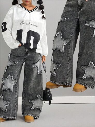 Girl's Heart Patched Baggy Jeans Y2k Bow High Waisted Straight Leg Denim Pants Streetwear in Saudi Arabia