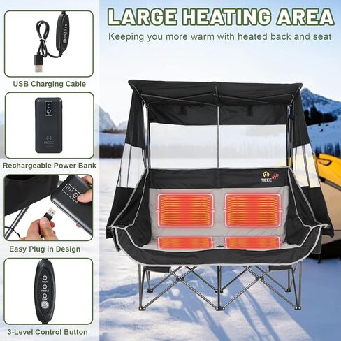 Nice C Heated Double Camping Chair with Canopy, Heated Outdoor Sports Folding Chair with Battery, Portable Padded Umbrella Chairs with Shade, Cup Holder, Cooler Bag, Loveseat for Lawn, Outdoors in Saudi Arabia