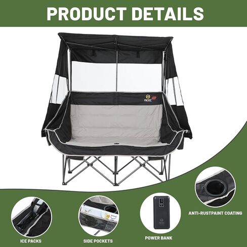 Nice C Heated Double Camping Chair with Canopy, Heated Outdoor Sports Folding Chair with Battery, Portable Padded Umbrella Chairs with Shade, Cup Holder, Cooler Bag, Loveseat for Lawn, Outdoors in Saudi Arabia