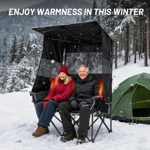 Nice C Heated Double Camping Chair with Canopy, Heated Outdoor Sports Folding Chair with Battery, Portable Padded Umbrella Chairs with Shade, Cup Holder, Cooler Bag, Loveseat for Lawn, Outdoors in Saudi Arabia