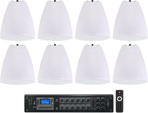 Rockville Bundle: (8) PEN-80T White 8" 70V 40W Hanging Pendant Speaker Bundle with RCS350-6 350 Watt 6 Zone 70v Amplifier/Bluetooth for Commercial/Restaurant use (9 Items) in Saudi Arabia
