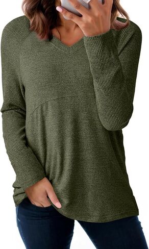 Dokotoo Women's Casual T Shirts Long Sleeve V Neck Ribbed Knit Tops Tee Shirts in Saudi Arabia
