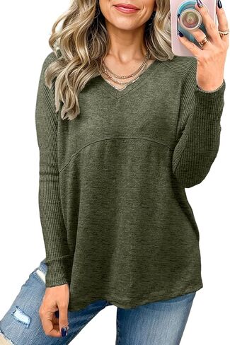 Dokotoo Women's Casual T Shirts Long Sleeve V Neck Ribbed Knit Tops Tee Shirts in Saudi Arabia