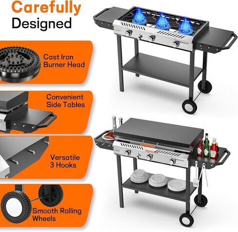 موقد وشواية البروبان 3 في 1 من Veralune مع إشعال ومنظم، شواية غاز محمولة قوية بقدرة 225,000 وحدة حرارية بريطانية مع رف تخزين، عجلات محمولة للطهي في الفناء الخلفي والشواء والقلي والغليان in Kuwait
