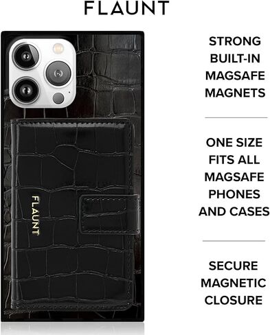 FLAUNT MagSafe Phone Wallet/Card Holder with Magnetic Closure - Black | Crocodile Faux Leather - Compatible with MagSafe Phones & Covers - Easily Snap On and Off - Holds Up To 4 Cards, ID, and Cash in Saudi Arabia