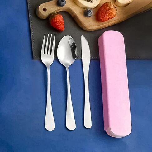 Portable Utensils Set,3-Piece Reusable Silverware,Travel Utensils with Case for Lunch Camping Picnic(Pink) in Saudi Arabia