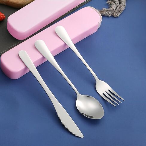 Portable Utensils Set,3-Piece Reusable Silverware,Travel Utensils with Case for Lunch Camping Picnic(Pink) in Saudi Arabia