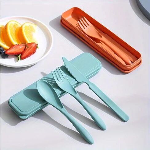 3-in-1 Camping Utensil Set GREEN – Reusable Travel Utensils with Portable Plastic Case – Ideal for Picnics, Camping & Everyday Use in Saudi Arabia