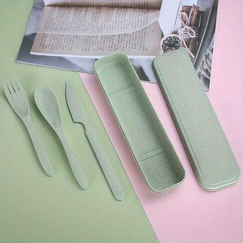 3-in-1 Camping Utensil Set GREEN – Reusable Travel Utensils with Portable Plastic Case – Ideal for Picnics, Camping & Everyday Use in Saudi Arabia