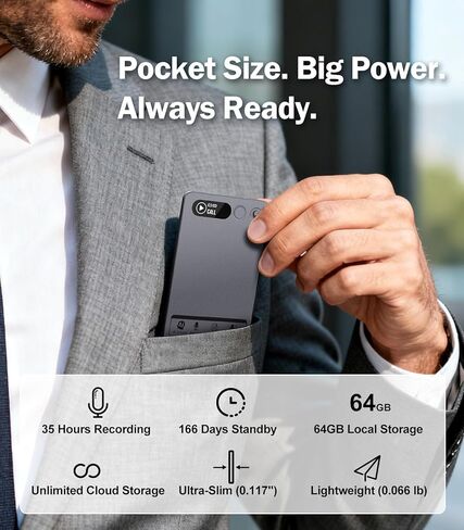 مسجل صوت AI، مسجل صوت Note AI مع حافظة، التحكم في التطبيق، النسخ والتلخيص باستخدام تقنية AI، يدعم 152 لغة، ذاكرة 64 جيجابايت، مسجل صوت للمحاضرات والاجتماعات والمكالمات، رمادي in Kuwait