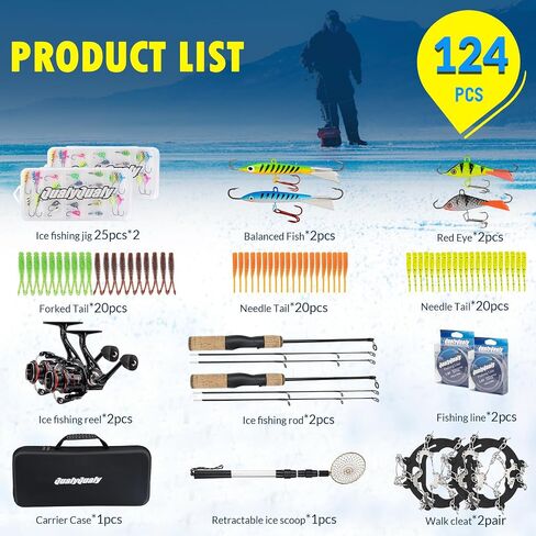 Ice Fishing Rod and Reel Combo, 28'' Ice Fishing Rod Set Inline Reels Lures Set Ice Cleat Portable Complete Kit with Carrier Bag/Folding Stool and Fishing Line Ice Fishing Gear in Saudi Arabia
