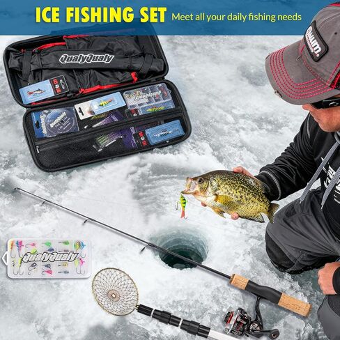 Ice Fishing Rod and Reel Combo, 28'' Ice Fishing Rod Set Inline Reels Lures Set Ice Cleat Portable Complete Kit with Carrier Bag/Folding Stool and Fishing Line Ice Fishing Gear in Saudi Arabia
