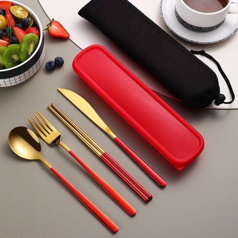 Portable Utensils Set, 4pcs Stainless Steel Reusable Silverware with Case, for Lunch Camping Picnic Workplace Travel,Easy to clean,Dishwasher Safe(Pure Silver) in Saudi Arabia