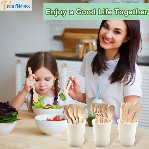 طقم أدوات مائدة خشبية 300 قطعة - 100 شوكة، 100 سكين و100 ملعقة، شوك قابلة للتحلل، مجموعة أدوات خشبية للحفلات والنزهات والعشاء والزفاف in Kuwait