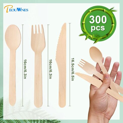 طقم أدوات مائدة خشبية 300 قطعة - 100 شوكة، 100 سكين و100 ملعقة، شوك قابلة للتحلل، مجموعة أدوات خشبية للحفلات والنزهات والعشاء والزفاف in Kuwait