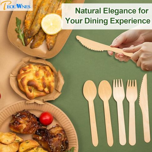 طقم أدوات مائدة خشبية 300 قطعة - 100 شوكة، 100 سكين و100 ملعقة، شوك قابلة للتحلل، مجموعة أدوات خشبية للحفلات والنزهات والعشاء والزفاف in Kuwait