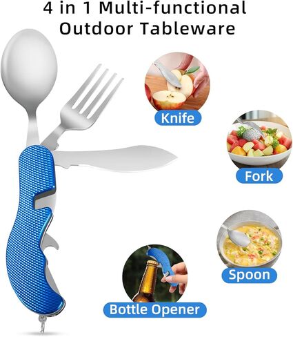 Leeko 4 في 1 الفولاذ المقاوم للصدأ المحمولة في الهواء الطلق سكين جيب شوكة ملعقة العشاء مجموعة أدوات المائدة متعددة الوظائف للتخييم والصيد in Kuwait