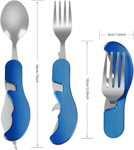 Leeko 4 في 1 الفولاذ المقاوم للصدأ المحمولة في الهواء الطلق سكين جيب شوكة ملعقة العشاء مجموعة أدوات المائدة متعددة الوظائف للتخييم والصيد in Kuwait