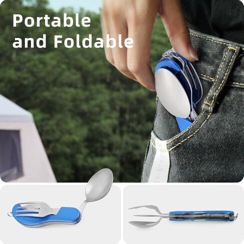 Leeko 4 في 1 الفولاذ المقاوم للصدأ المحمولة في الهواء الطلق سكين جيب شوكة ملعقة العشاء مجموعة أدوات المائدة متعددة الوظائف للتخييم والصيد in Kuwait