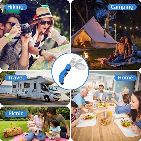 Leeko 4 في 1 الفولاذ المقاوم للصدأ المحمولة في الهواء الطلق سكين جيب شوكة ملعقة العشاء مجموعة أدوات المائدة متعددة الوظائف للتخييم والصيد in Kuwait