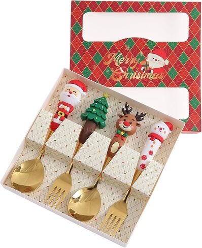 4Pack Stainless Steel Christmas Coffee Spoon and Xmas Dinner Forks Set -Dessert Fruit Ice Cream Iced Tea Spoon, Cake Forks - Gifts for Christmas Party Supply in Saudi Arabia