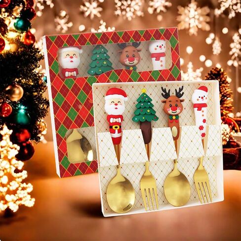 4Pack Stainless Steel Christmas Coffee Spoon and Xmas Dinner Forks Set -Dessert Fruit Ice Cream Iced Tea Spoon, Cake Forks - Gifts for Christmas Party Supply in Saudi Arabia