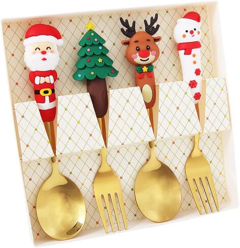 4Pack Stainless Steel Christmas Coffee Spoon and Xmas Dinner Forks Set -Dessert Fruit Ice Cream Iced Tea Spoon, Cake Forks - Gifts for Christmas Party Supply in Saudi Arabia