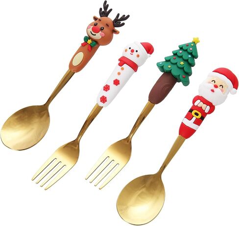 4Pack Stainless Steel Christmas Coffee Spoon and Xmas Dinner Forks Set -Dessert Fruit Ice Cream Iced Tea Spoon, Cake Forks - Gifts for Christmas Party Supply in Saudi Arabia