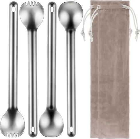 4 قطع من ملعقة وملعقة بمقبض طويل من التيتانيوم، ملعقة تخييم بمقبض طويل، أدوات طعام للتخييم خفيفة الوزن للغاية، قابلة للحمل صديقة للبيئة للسفر وحقيبة الظهر والمشي لمسافات طويلة في الهواء الطلق in Kuwait