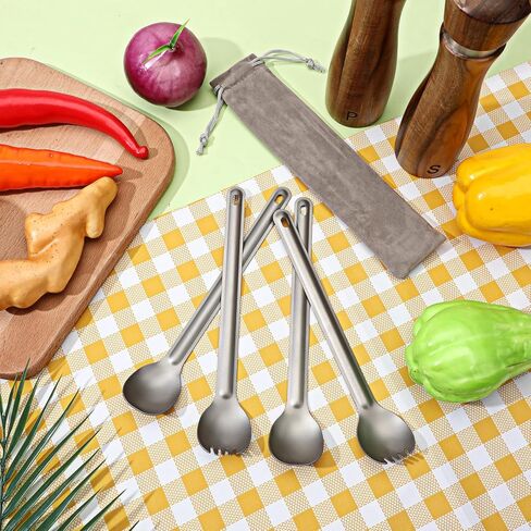 4 قطع من ملعقة وملعقة بمقبض طويل من التيتانيوم، ملعقة تخييم بمقبض طويل، أدوات طعام للتخييم خفيفة الوزن للغاية، قابلة للحمل صديقة للبيئة للسفر وحقيبة الظهر والمشي لمسافات طويلة في الهواء الطلق in Kuwait