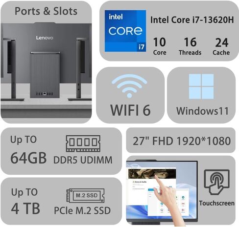 Lenovo IdeaCentre 27 Inch All-in-One Desktop, FHD Touchscreen Display (100Hz Refresh Rate), Intel 10-Core i7 13620H CPU, 64GB DDR5 RAM, 4TB PCIe SSD, WiFi 6, RJ45, Windows 11, Wireless KB & Mouse in Saudi Arabia
