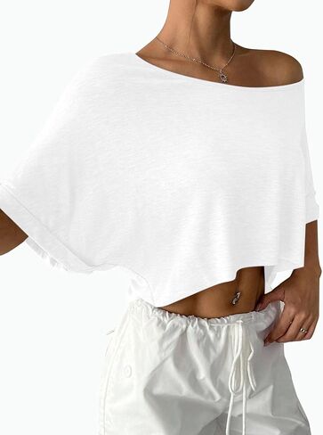Remidoo Womens Off The Shoulder Short Sleeve Crop Top Asymmetrical Neck Loose Tshirt Black X-Large in Saudi Arabia