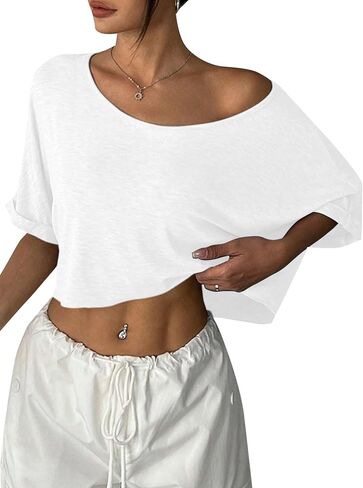 Remidoo Womens Off The Shoulder Short Sleeve Crop Top Asymmetrical Neck Loose Tshirt Black X-Large in Saudi Arabia