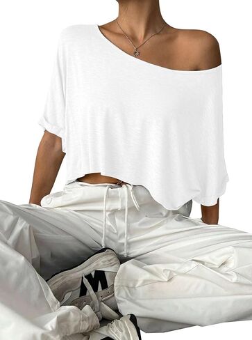 Remidoo Womens Off The Shoulder Short Sleeve Crop Top Asymmetrical Neck Loose Tshirt Black X-Large in Saudi Arabia