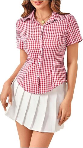 SweatyRocks Women's Gingham Button Up Shirts Y2K Short Sleeve Lapel V Neck Dressy Casual Blouse in Saudi Arabia