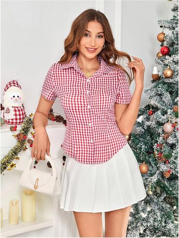 SweatyRocks Women's Gingham Button Up Shirts Y2K Short Sleeve Lapel V Neck Dressy Casual Blouse in Saudi Arabia