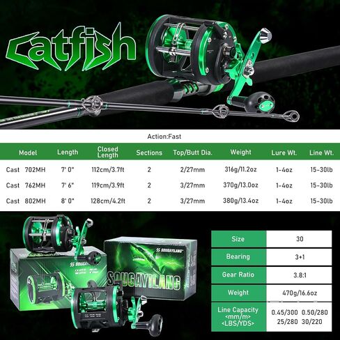 Sougayilang Premium Catfish Rod and Reel Combo - Medium Heavy Two-Piece Catfish Rod Conventional Reel Combo for Catfish Salmon and Steelhead in Saudi Arabia