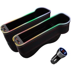 2PCS Car Seat Gap Filler Storage Box,7 Colours Changing LED Car Seat Seam Filler,Car Seat Seam Filler with Cup Holder,with USB Car Charger (BLACK)