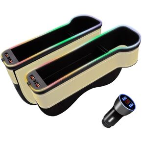 2PCS Car Seat Gap Filler Storage Box,7 Colours Changing LED Car Seat Seam Filler,Car Seat Seam Filler with Cup Holder,with USB Car Charger (BLACK)