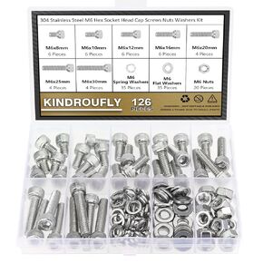 Kindroufly 126 Pieces M6 x 8/10 /12/16 /20/25 /30mm Hex Socket Head Cap Screws Nuts Washers Assortment Kit, 304 Stainless Steel, Fully Machine Thread