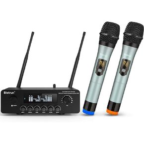 ميكروفون لاسلكي مزود بتقنية Bluetooth وEcho/Treble/Bass، نطاق 165 قدمًا، نظام ميكروفون ديناميكي لاسلكي مزدوج محمول باليد من Bietrun UHF لنظام PA/AMP/تلفزيون منزلي كاريوكي/مكبر صوت بلوتوث/(واجهة 1/4 بوصة و1/8 بوصة AUX) in Kuwait