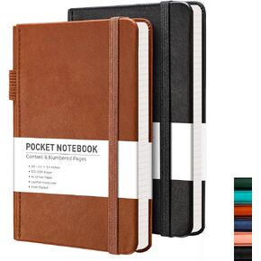 RETTACY Pocket Notebook, 2-Pack, A6 Mini Notebook Journal, Small Lined Notebook Journal with 160 Pages per Pack, Leather Hardcover, 100 GSM Paper, Inner Pocket, 3.5" × 5.5" (Black & Brown)