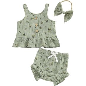 VISGOGO Infant Baby Toddler Girls Clothes Floral Print Top Sleeveless Camisole Linen Shorts Set Newborn Girl Summer Outfit