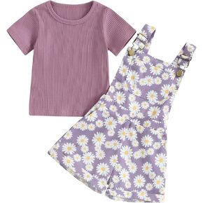 Newbgclo Toddler Baby Girl Clothes Ribbed Short Sleeve T-Shirt Daisy Floral Suspender Overalls Shorts Set 2Pcs Summer Outfits