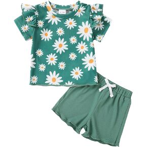Tiny Cutey Toddler Baby Girl Clothes Infant Summer Cute Flower Print Outfit Ruffled Short Sleeve T-Shirt and Shorts 2Pcs Set