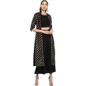 Janasya Mothers Day Gifts Black Poly Crepe Gold Print Top with Palazzo and Jacket