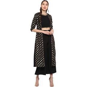 Janasya Mothers Day Gifts Black Poly Crepe Gold Print Top with Palazzo and Jacket