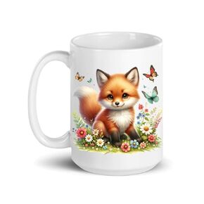 Fox Coffee Mug - 15 oz. White Ceramic Cup, Hand Printed with Butterflies and Flowers (F2)