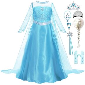 Snow Princess Costume for Toddler Girls Kids Blue Princess Dress Up with Wig Halloween Birthday Cosplay Outfits